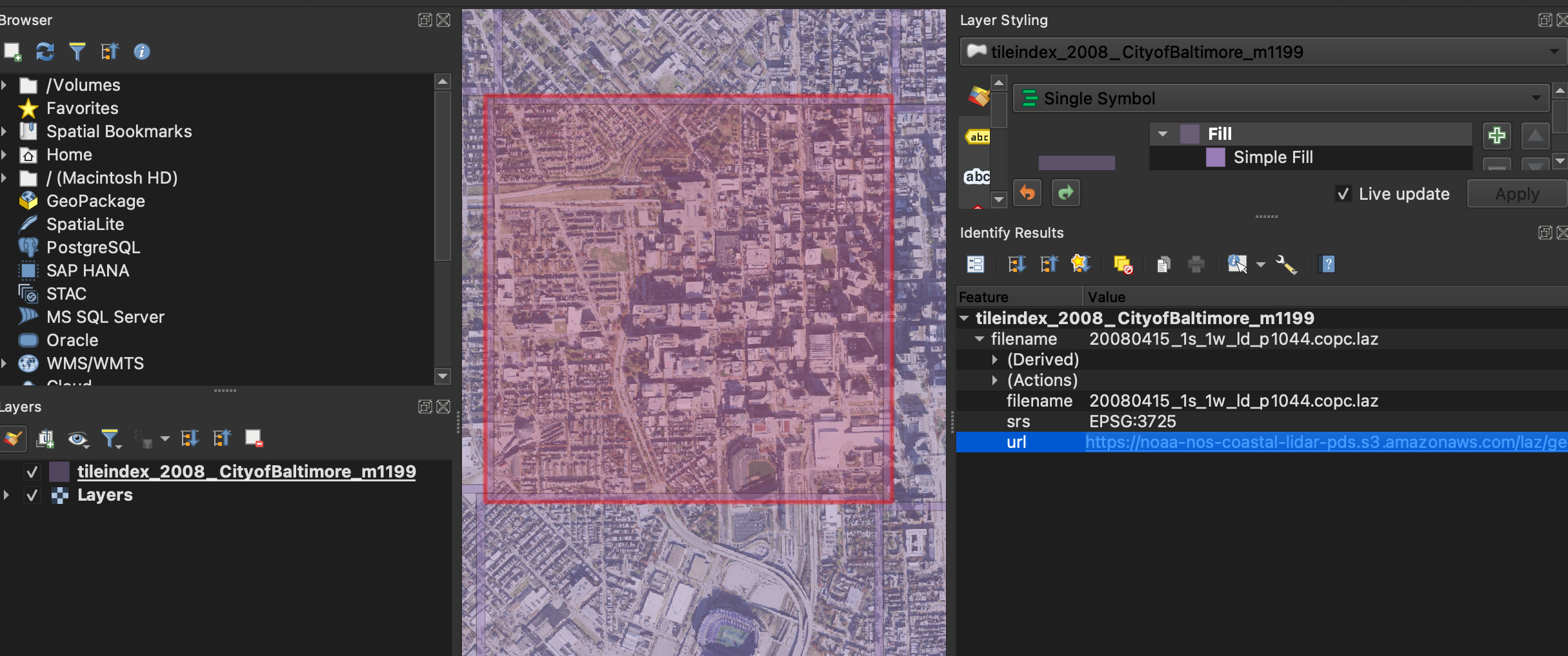 QGIS tile index for NOAA 2008 Baltimore LiDAR showing selected tile