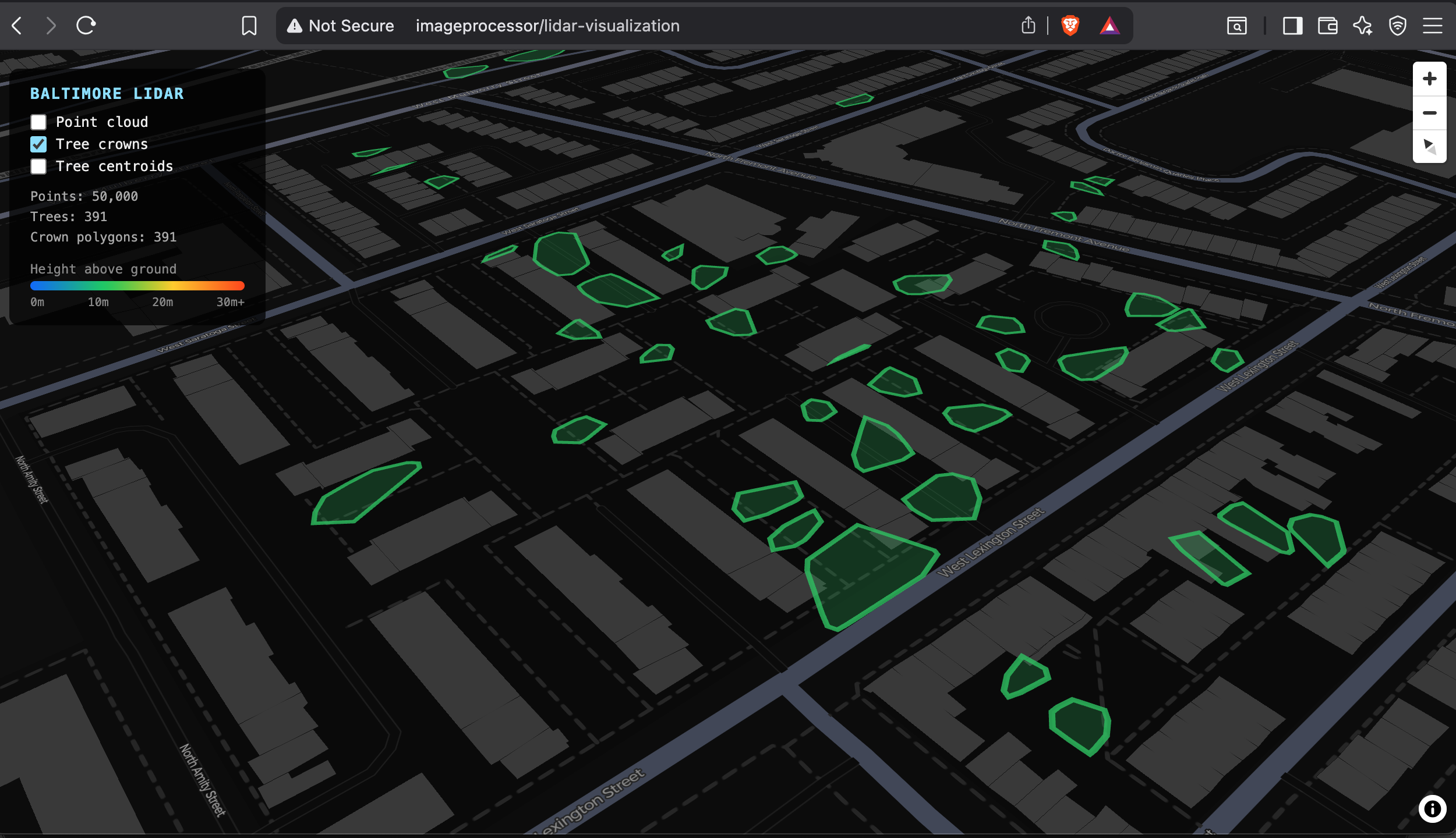 2008 Baltimore LiDAR visualization showing 391 tree crown polygons in deck.gl