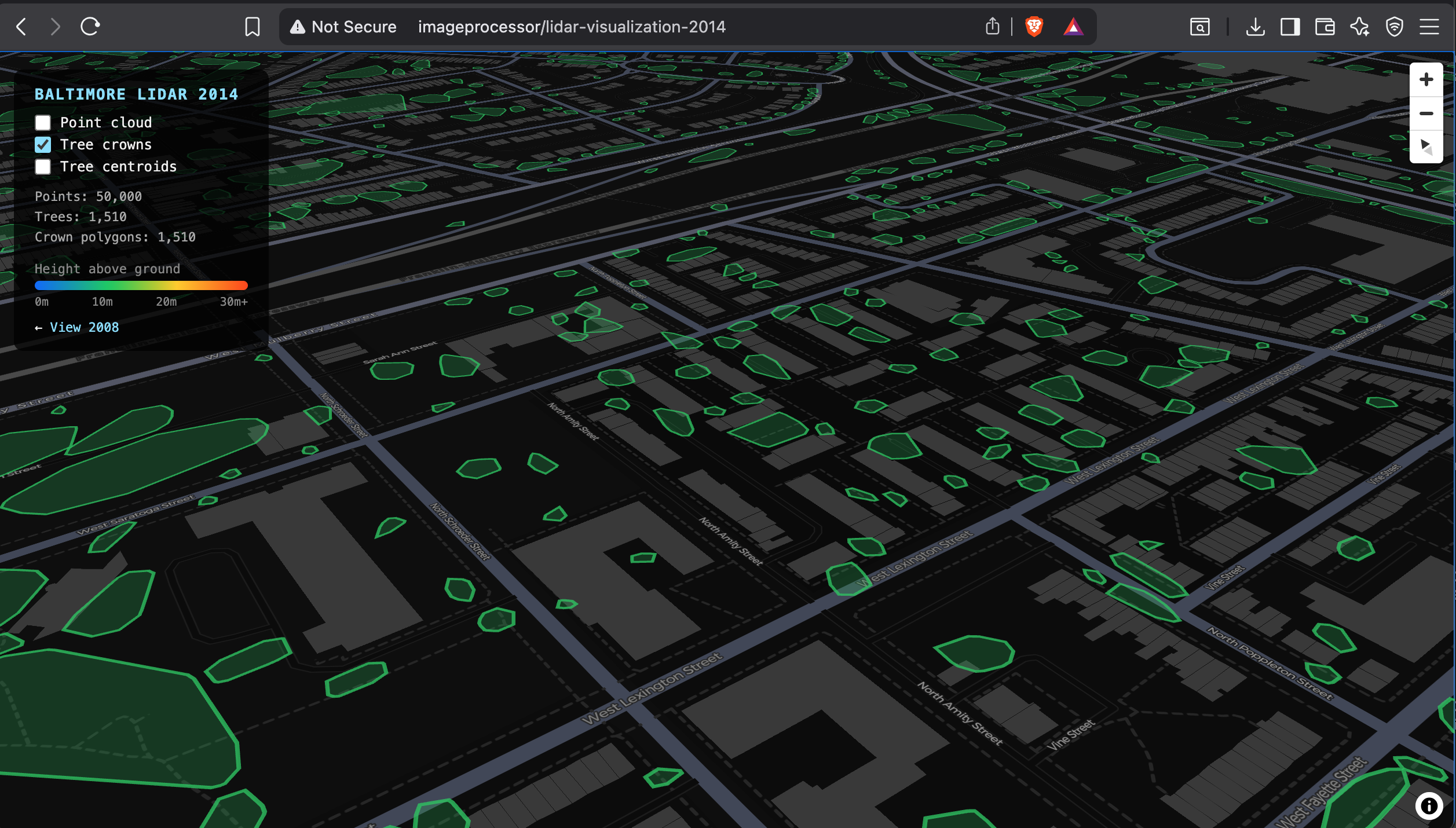 2014 Baltimore LiDAR visualization showing 1,510 tree crown polygons in deck.gl
